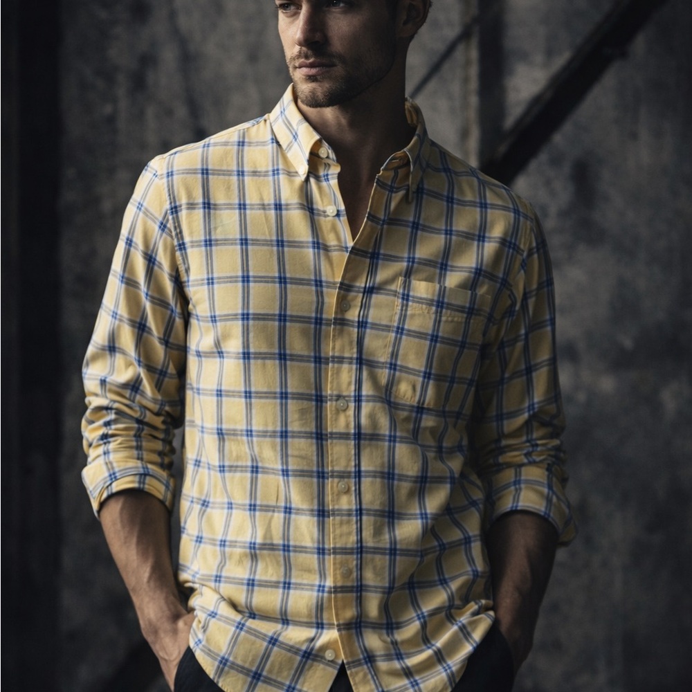 Izod Men's Yellow and Blue Checkered Shirt